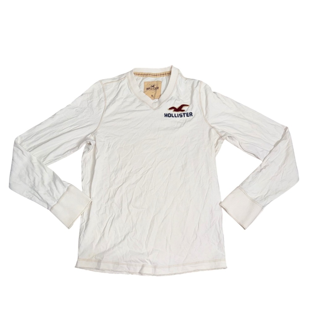 Hollister V-Neck Long Sleeve Shirt Mens XL White Excellent Embroidered Logo